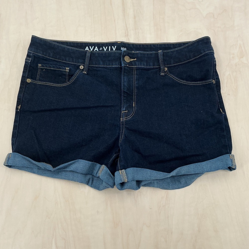 Ava & Viv Midi Denim Shorts Womens 14W Dark Wash Cuffed Stretch Casual Classic